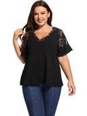 Majica s V izrezom i kontrastnim čipkastim obrubom Seksi ženska odjeća kratkih širokih majica s leptir rukavima Blusas Mujer velike veličine