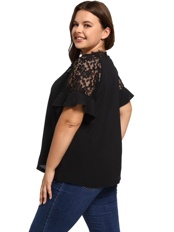 Majica s V izrezom i kontrastnim čipkastim obrubom Seksi ženska odjeća kratkih širokih majica s leptir rukavima Blusas Mujer velike veličine