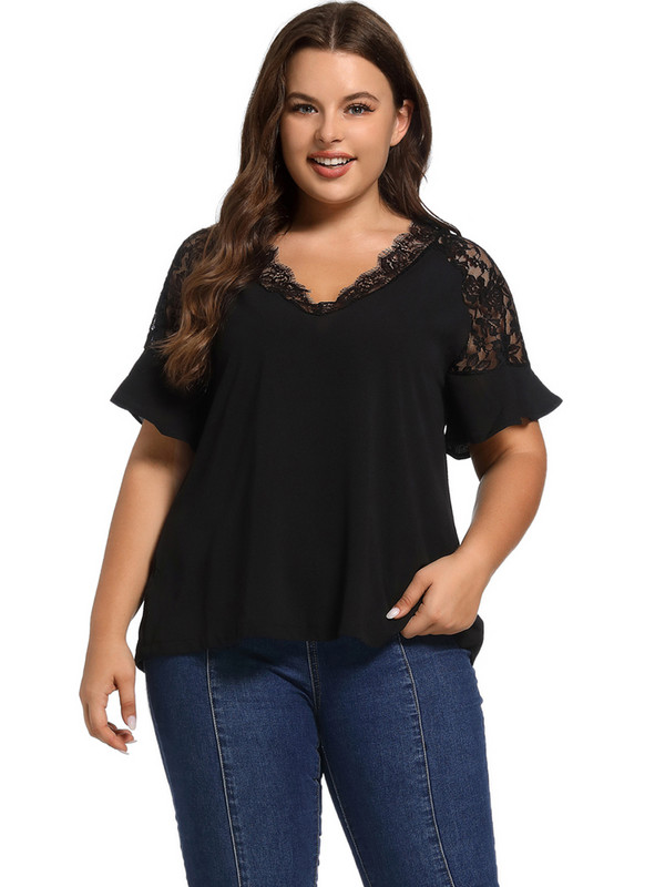 Majica s V izrezom i kontrastnim čipkastim obrubom Seksi ženska odjeća kratkih širokih majica s leptir rukavima Blusas Mujer velike veličine