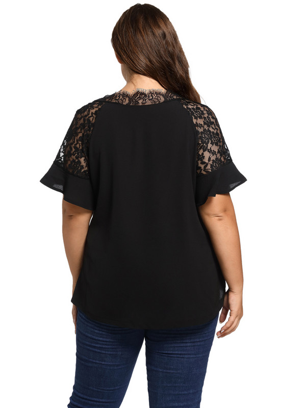 Majica s V izrezom i kontrastnim čipkastim obrubom Seksi ženska odjeća kratkih širokih majica s leptir rukavima Blusas Mujer velike veličine