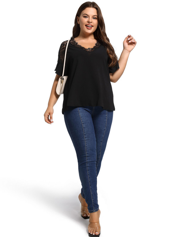 Majica s V izrezom i kontrastnim čipkastim obrubom Seksi ženska odjeća kratkih širokih majica s leptir rukavima Blusas Mujer velike veličine