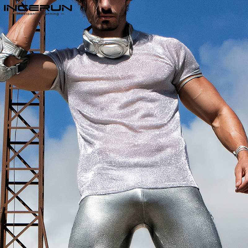 INCERUN 2023 Tricou cu mânecă scurtă pentru bărbați, sexy, pentru petrecere a timpului liber, scurtă, pentru bărbați, cu ochiuri metalice iluminate, perspectivă casual, cu mânecă scurtă, S-5XL 7