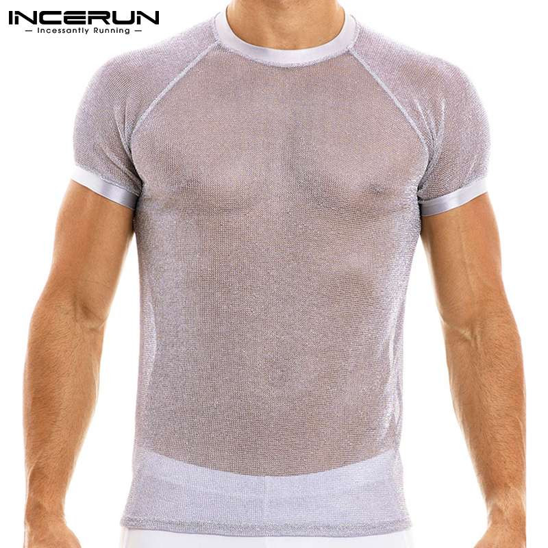 INCERUN 2023 Tricou cu mânecă scurtă pentru bărbați, sexy, pentru petrecere a timpului liber, scurtă, pentru bărbați, cu ochiuri metalice iluminate, perspectivă casual, cu mânecă scurtă, S-5XL 7