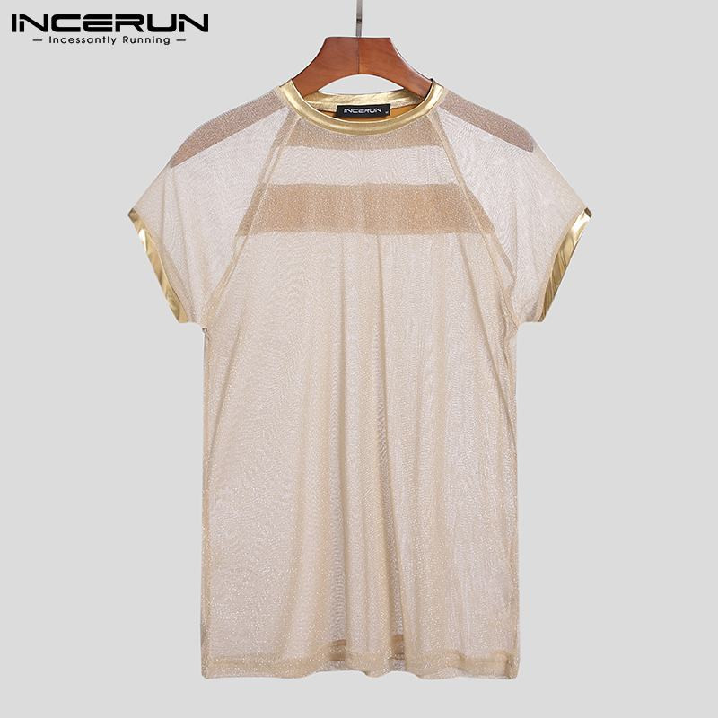 INCERUN 2023 Tricou cu mânecă scurtă pentru bărbați, sexy, pentru petrecere a timpului liber, scurtă, pentru bărbați, cu ochiuri metalice iluminate, perspectivă casual, cu mânecă scurtă, S-5XL 7