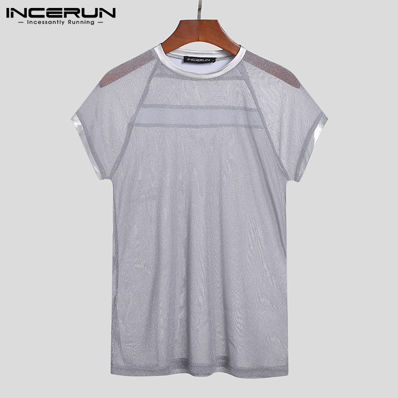 INCERUN 2023 Tricou cu mânecă scurtă pentru bărbați, sexy, pentru petrecere a timpului liber, scurtă, pentru bărbați, cu ochiuri metalice iluminate, perspectivă casual, cu mânecă scurtă, S-5XL 7