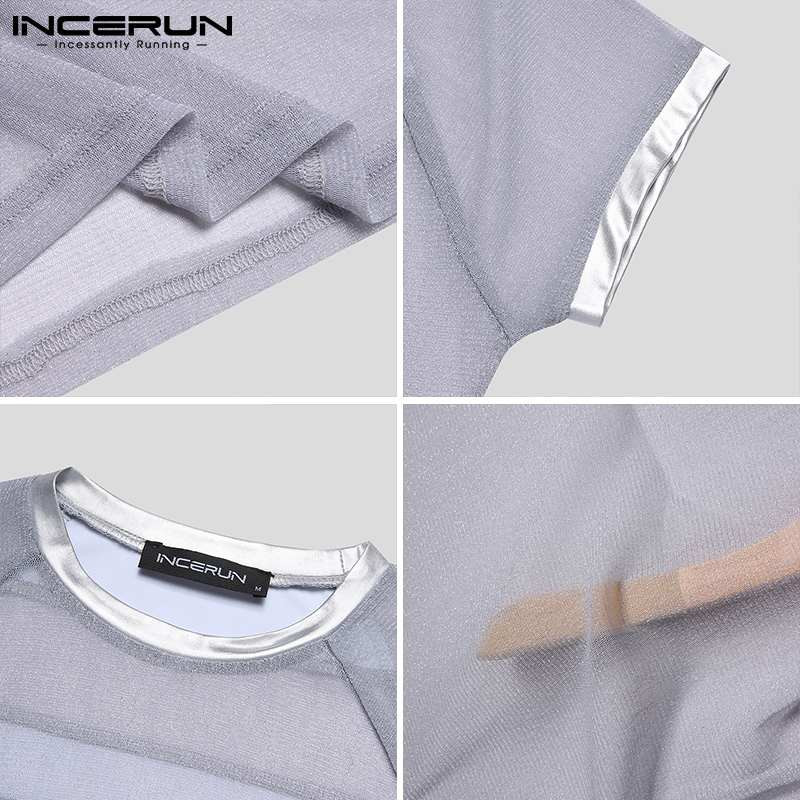 INCERUN 2023 Tricou cu mânecă scurtă pentru bărbați, sexy, pentru petrecere a timpului liber, scurtă, pentru bărbați, cu ochiuri metalice iluminate, perspectivă casual, cu mânecă scurtă, S-5XL 7