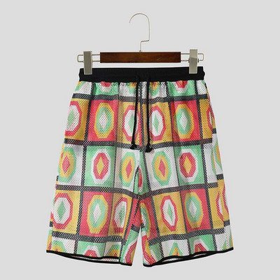 INCERUN 2024 Muške kratke hlače s mrežastim printom Patchwork s uzicom Ljetne muške donjice široke ulične odjeće za odmor Ležerne muške kratke hlače S-5XL