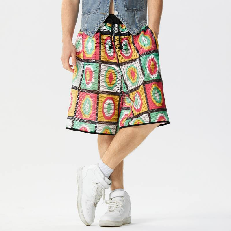 INCERUN 2024 Muške kratke hlače s mrežastim printom Patchwork s uzicom Ljetne muške donjice široke ulične odjeće za odmor Ležerne muške kratke hlače S-5XL