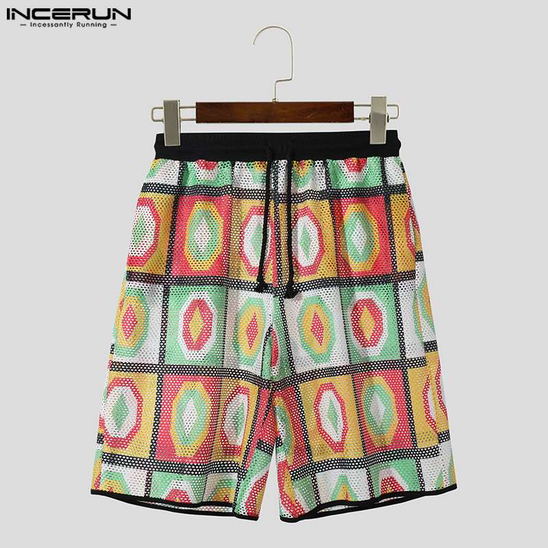 INCERUN 2024 Muške kratke hlače s mrežastim printom Patchwork s uzicom Ljetne muške donjice široke ulične odjeće za odmor Ležerne muške kratke hlače S-5XL