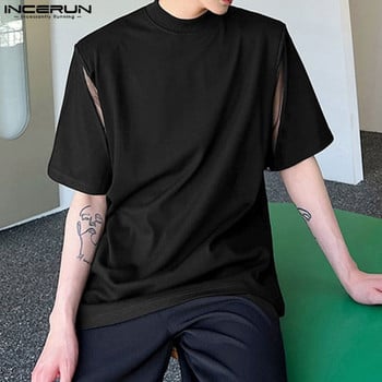 INCERUN Мъжка тениска Мрежеста пачуърк О-образно деколте С къс ръкав Streetwear Стилни тениски Лято 2023 Корейски стил Мъжко облекло S-5XL