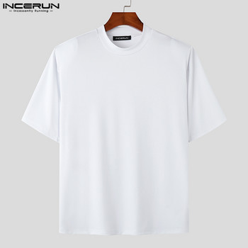 INCERUN Мъжка тениска Мрежеста пачуърк О-образно деколте С къс ръкав Streetwear Стилни тениски Лято 2023 Корейски стил Мъжко облекло S-5XL