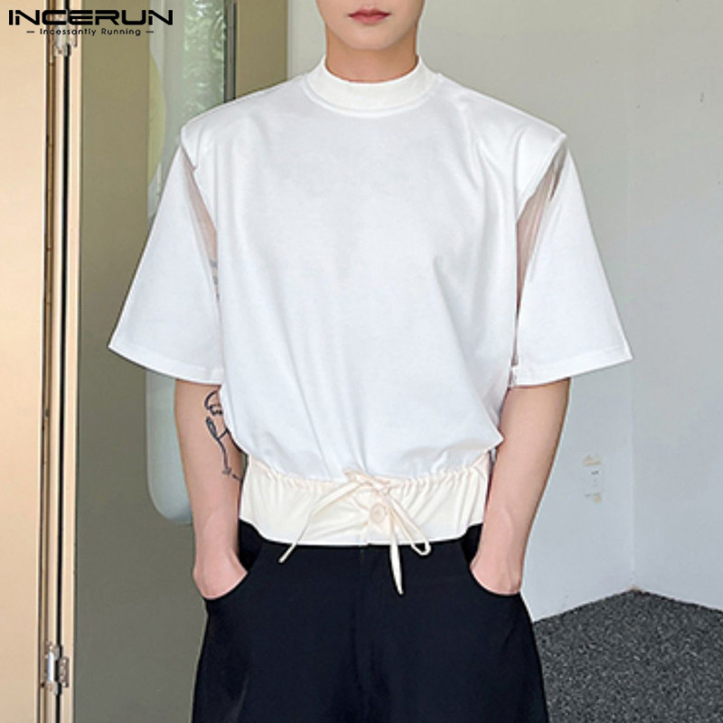 INCERUN Muška majica s mrežastim patchwork O-izrezom i kratkim rukavima, ulična odjeća, elegantne majice, muška odjeća u korejskom stilu, ljeto 2023., S-5XL