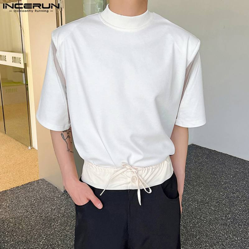 INCERUN Muška majica s mrežastim patchwork O-izrezom i kratkim rukavima, ulična odjeća, elegantne majice, muška odjeća u korejskom stilu, ljeto 2023., S-5XL