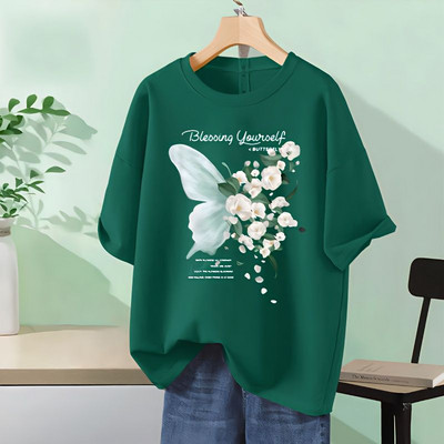 2024 New Nice Butterfly Flowers imprimat pur bumbac cu gâtul O cu mânecă scurtă la modă Tricou larg pentru femei Versatil Basics Top Tricou