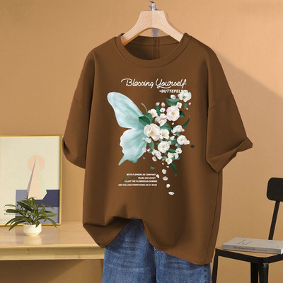 2024. Nova modna široka ženska majica kratkih rukava s O-izrezom i otisnutim cvjetovima od čistog pamuka, ženska svestrana osnovna majica kratkih rukava