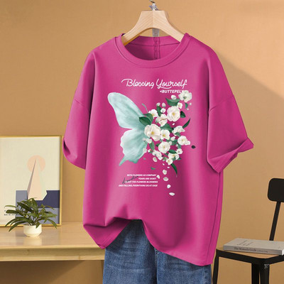 2024. Nova modna široka ženska majica kratkih rukava s O-izrezom i otisnutim cvjetovima od čistog pamuka, ženska svestrana osnovna majica kratkih rukava