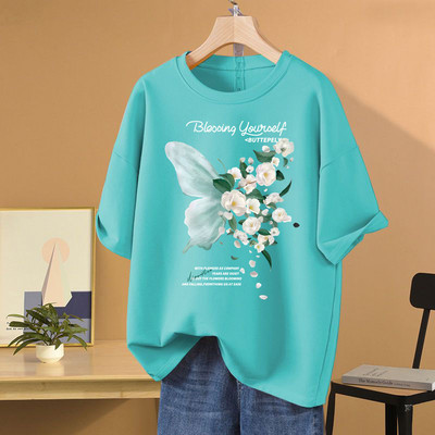 2024. Nova modna široka ženska majica kratkih rukava s O-izrezom i otisnutim cvjetovima od čistog pamuka, ženska svestrana osnovna majica kratkih rukava