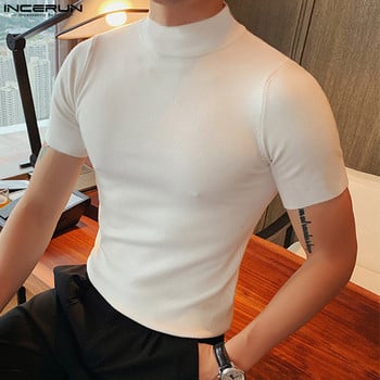 Мъжка ежедневна тениска Едноцветна водолазка с къс ръкав Streetwear Camiseta Masculina 2023 Фитнес стилни тениски S-5XL INCERUN