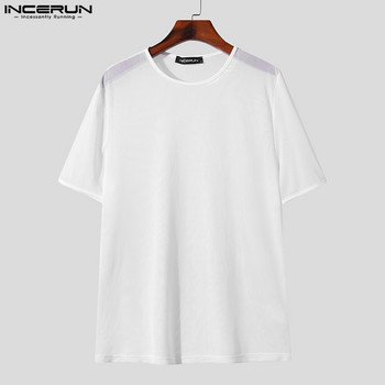 2024 Мъжки тениски Мрежести прозрачни О-образно деколте с къс ръкав Streetwear Мъжко облекло Едноцветни секси модни Camisetas S-3XL INCERUN