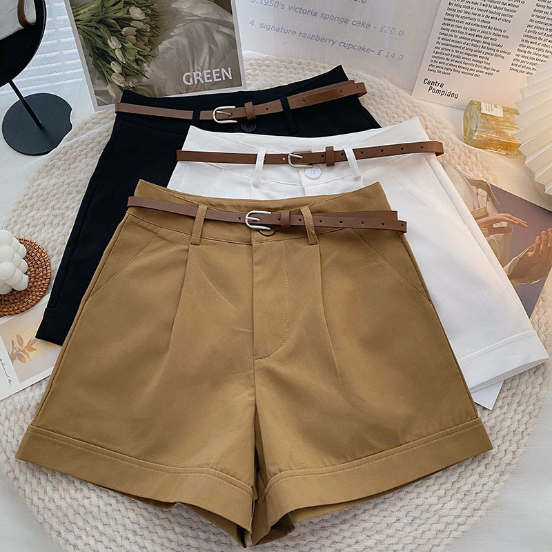 Francia stílusú khaki western stílusú rövidnadrágok női nyári magas derekú alkalmi laza, széles szárú nadrágok Elegáns, öves öltöny rövidnadrág