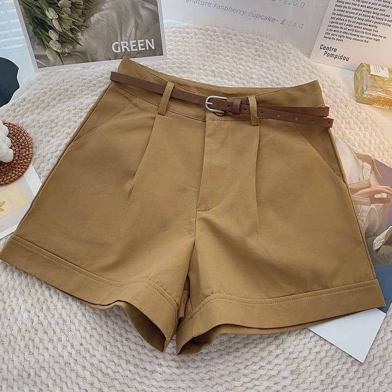 Francia stílusú khaki western stílusú rövidnadrágok női nyári magas derekú alkalmi laza, széles szárú nadrágok Elegáns, öves öltöny rövidnadrág