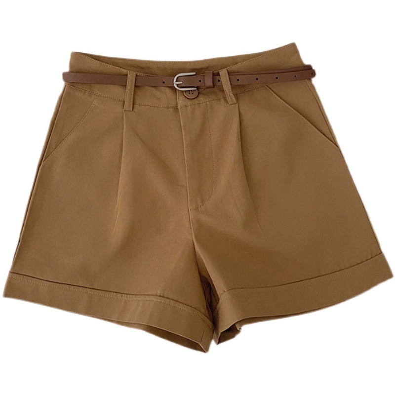 Francia stílusú khaki western stílusú rövidnadrágok női nyári magas derekú alkalmi laza, széles szárú nadrágok Elegáns, öves öltöny rövidnadrág