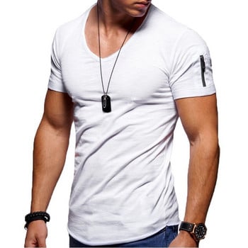2022 г. Нова мъжка тениска с V-образно деколте Фитнес тениска за бодибилдинг High Street Лятна ежедневна памучна горна част с къси ръкави и цип S-5XL