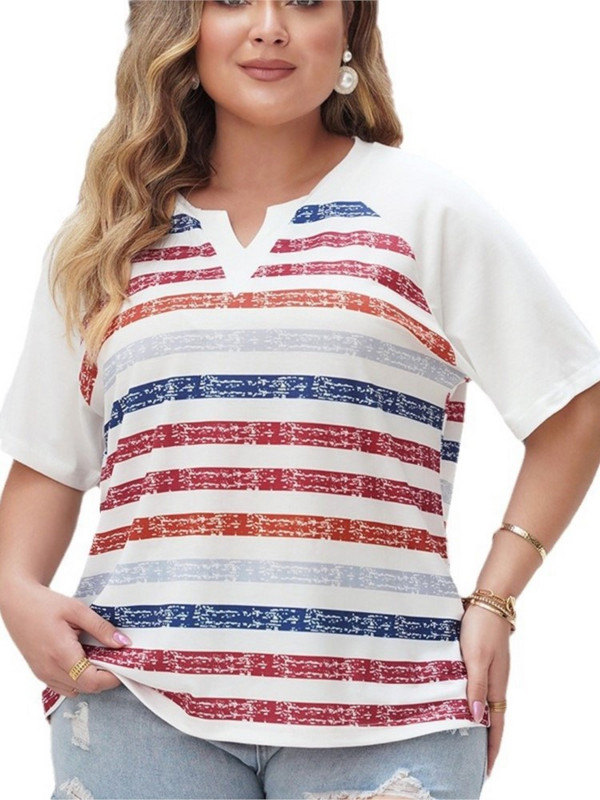 Nagy méretű tavaszi nyári csíkos mintás V-nyakú pólók felsők Női laza, redőzött Modis női blúzok irodai női pólók