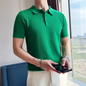 2023 Модна прилепнала мъжка плетена поло тениска с къс ръкав Летни тънки ризи Бизнес тениска Мъжка поло тениска с високо качество S-3XL