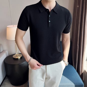 2023 Модна прилепнала мъжка плетена поло тениска с къс ръкав Летни тънки ризи Бизнес тениска Мъжка поло тениска с високо качество S-3XL