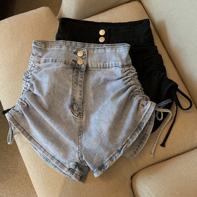 S-5XL Pantaloni scurți din denim pentru femei, cu talie înaltă, cu șnur, pantaloni scurți elastici slim-fit 2024, pantaloni caldi de vară de marime mari pentru femei
