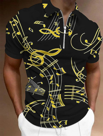Мъжка тениска с цип Поло Мъжки горнища Голф Графични щампи Музикални ноти Леки къси ръкави Дрехи с щампа с цип Облекло Модно ежедневно