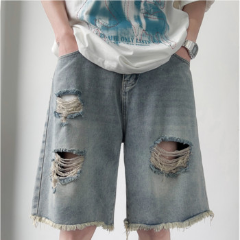 Летни нови мъжки широки 2023 прави дънкови къси панталони в моден корейски стил Ежедневни свободни къси дънки със счупени дупки Мъжки сини S-2XL