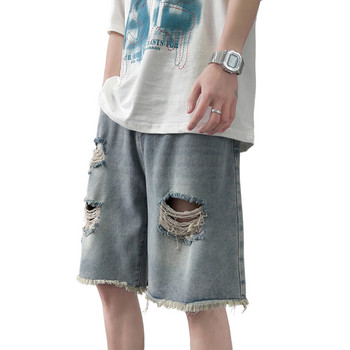 Летни нови мъжки широки 2023 прави дънкови къси панталони в моден корейски стил Ежедневни свободни къси дънки със счупени дупки Мъжки сини S-2XL