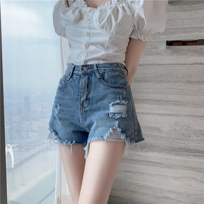 Hole Blue Denim Shorts Naiste Suvine Uus Suur kõrge vöökohaga lai jalg A-line kuumad püksid vabaaja naiste lühikesed püksid Tänavarõivad S-5xl