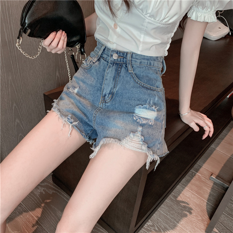 Hole Blue Denim Shorts Naiste Suvine Uus Suur kõrge vöökohaga lai jalg A-line kuumad püksid vabaaja naiste lühikesed püksid Tänavarõivad S-5xl