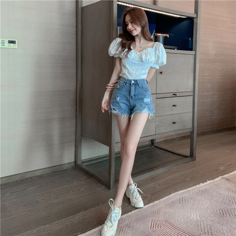 Hole Blue Denim Shorts Naiste Suvine Uus Suur kõrge vöökohaga lai jalg A-line kuumad püksid vabaaja naiste lühikesed püksid Tänavarõivad S-5xl