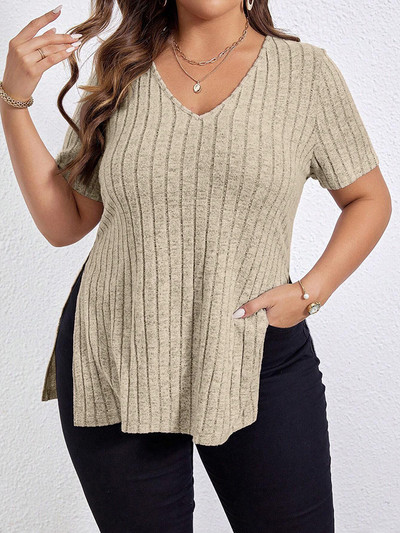 GIBSIE Ljetna majica kratkih rukava s V izrezom i kratkim rukavima GIBSIE Moda za žene 2024. Nova jednobojna rebrasta pletiva, ležerne duge majice s podijeljenim stranama