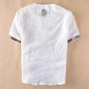 Ленена тениска с къс ръкав от 1950 г. Мъжка тънка ежедневна ретро памучна тениска без бръчки Антибактериален свободен стил