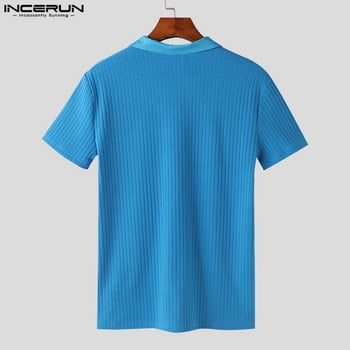 Горнища INCERUN 2024 Стилни нови мъжки издълбани в средата пачуърк раирани тениски Свободно време Твърдо V-образно деколте Къси ръкави Camiseta S-2XL