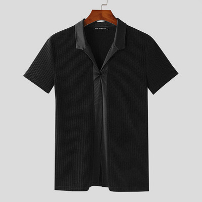 INCERUN Majice 2024. Elegantne nove muške majice kratkih rukava s izdubljenim patchwork prugama za slobodno vrijeme Jednobojni V-izrez Kamiseta kratkih rukava S-2XL