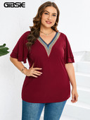 GIBSIE Topovi i bluze veće veličine za žene Moda 2023. Ženska ležerna široka jednobojna bluza s kontrastnim V-izrezom i leptir rukavima