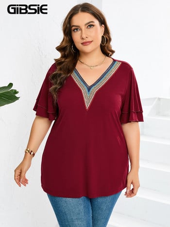 GIBSIE Plus Size Μπλούζες και Μπλούζες για Γυναικεία Μόδα 2023 Αντίθεση με λαιμόκοψη με πεταλούδα Γυναικεία Casual Loose μονόχρωμη μπλούζα