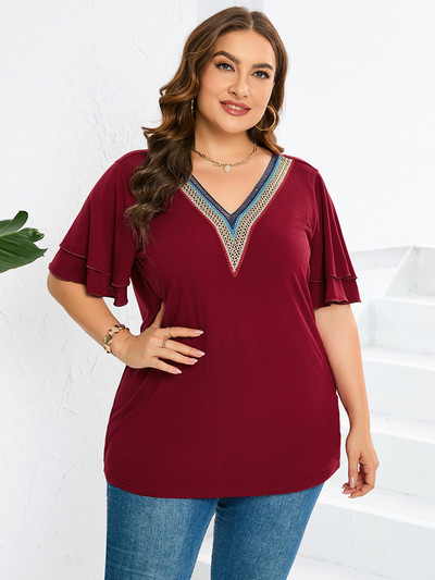 GIBSIE Topovi i bluze veće veličine za žene Moda 2023. Ženska ležerna široka jednobojna bluza s kontrastnim V-izrezom i leptir rukavima