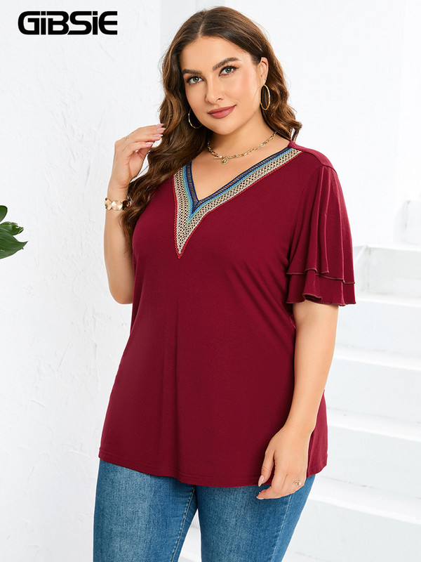 GIBSIE Topovi i bluze veće veličine za žene Moda 2023. Ženska ležerna široka jednobojna bluza s kontrastnim V-izrezom i leptir rukavima