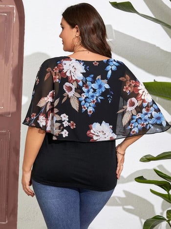 GIBSIE Plus Size Floral Print 2 σε 1 Γυναικεία μπλούζα από σιφόν Καλοκαίρι 2024 με μανίκι πεταλούδας O-λαιμόκοψη Χαλαρά casual γυναικείες μπλούζες