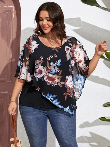 GIBSIE Plus Size Floral Print 2 σε 1 Γυναικεία μπλούζα από σιφόν Καλοκαίρι 2024 με μανίκι πεταλούδας O-λαιμόκοψη Χαλαρά casual γυναικείες μπλούζες