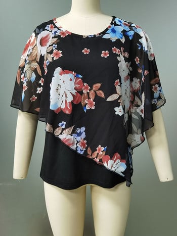 GIBSIE Plus Size Floral Print 2 σε 1 Γυναικεία μπλούζα από σιφόν Καλοκαίρι 2024 με μανίκι πεταλούδας O-λαιμόκοψη Χαλαρά casual γυναικείες μπλούζες