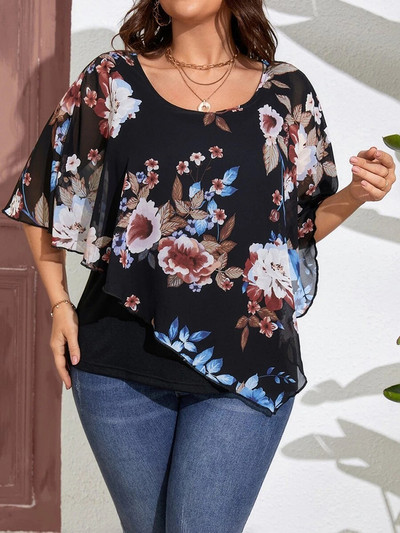 GIBSIE lielizmēra ziedu apdruka ar 2 vienā šifona blūze sievietēm 2024. gada vasara ar tauriņu piedurknēm ar O-kaklu, brīvi ikdienas sieviešu blūžu topi
