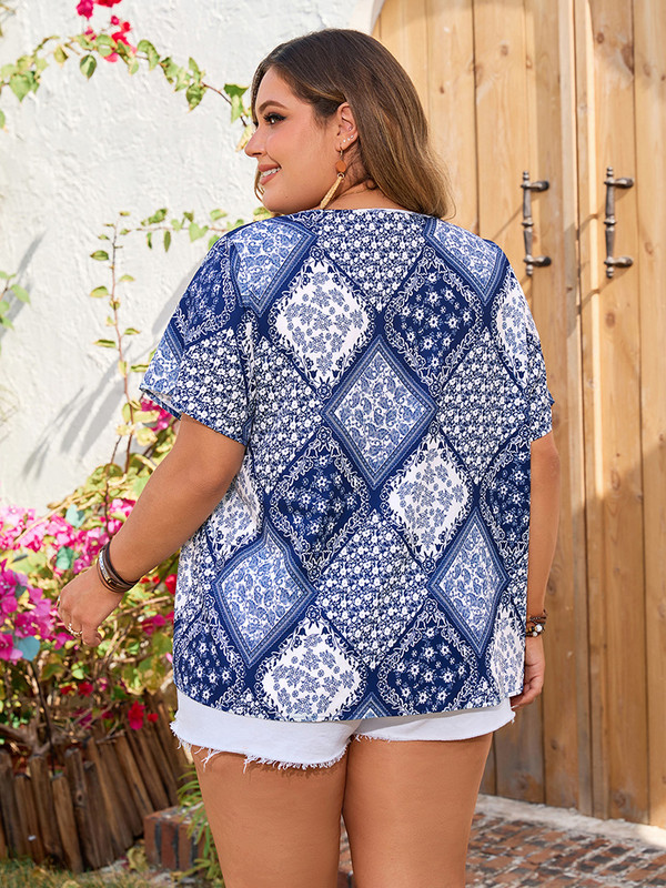 GIBSIE Boho majice s kićankama i kravatom s kratkim rukavima velike veličine Ženske blagdanske opuštene, ležerne izdubljene košulje, bluze Ljeto 2024.